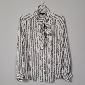 Banana Republic Blouse Womens M Equestrian Chain Link Bow Tie Poet Sleeve V Neck